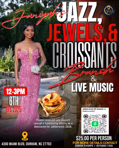 A flyer promoting the Janiyah’s Jazz, Jewels & Croissants event with a picture of Janiyah and a pancake with fruit on it