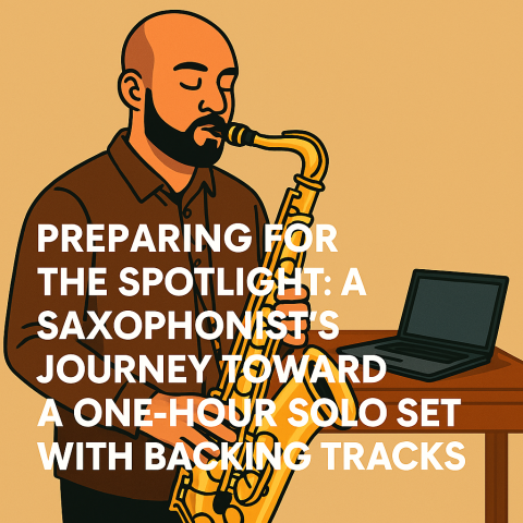 a cartoon picture of a man playing a tenor saxophone with a laptop beside him, and the title of the blog, Preparing for the spotlight: A Saxophonist's journey toward a one-hour solo set with backing tracks