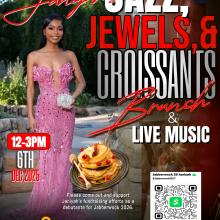 A flyer promoting the Janiyah’s Jazz, Jewels & Croissants event with a picture of Janiyah and a pancake with fruit on it