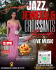 A flyer promoting the Janiyah’s Jazz, Jewels & Croissants event with a picture of Janiyah and a pancake with fruit on it